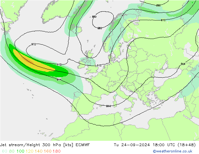 Jet stream/Height 300 hPa ECMWF Tu 24.09.2024 18 UTC