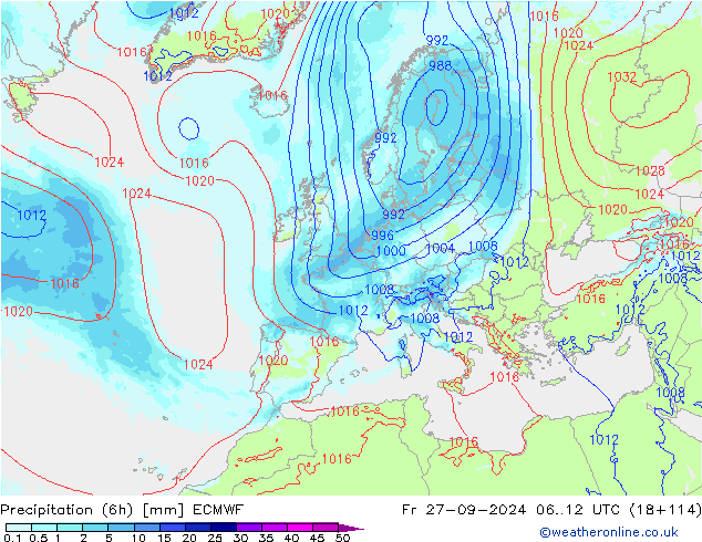 Precipitación (6h) ECMWF vie 27.09.2024 12 UTC