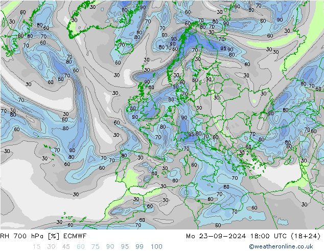 RH 700 hPa ECMWF Mo 23.09.2024 18 UTC