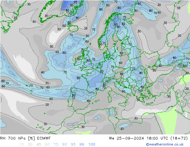 RH 700 hPa ECMWF mer 25.09.2024 18 UTC