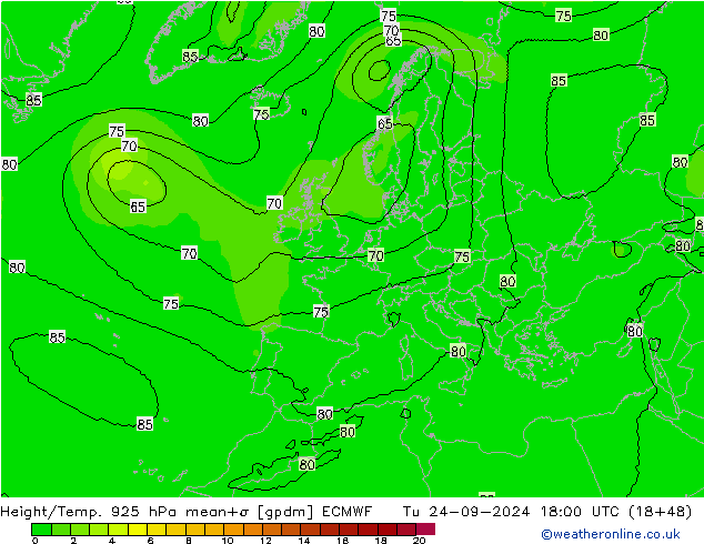 Height/Temp. 925 hPa ECMWF Tu 24.09.2024 18 UTC