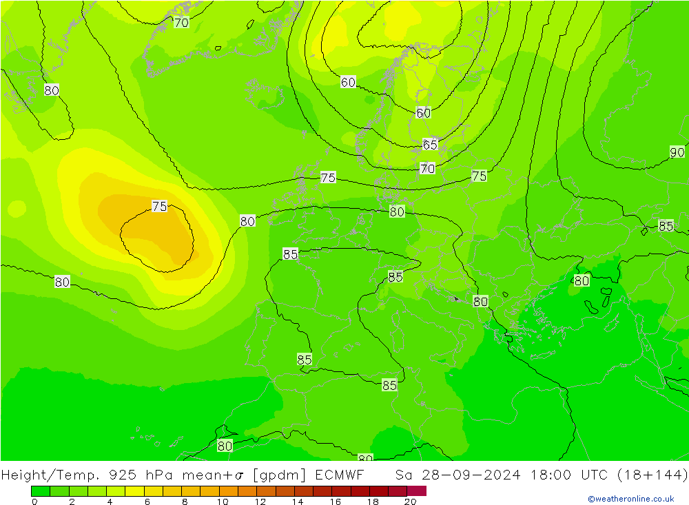 Hoogte/Temp. 925 hPa ECMWF za 28.09.2024 18 UTC