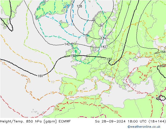 Géop./Temp. 850 hPa ECMWF sam 28.09.2024 18 UTC