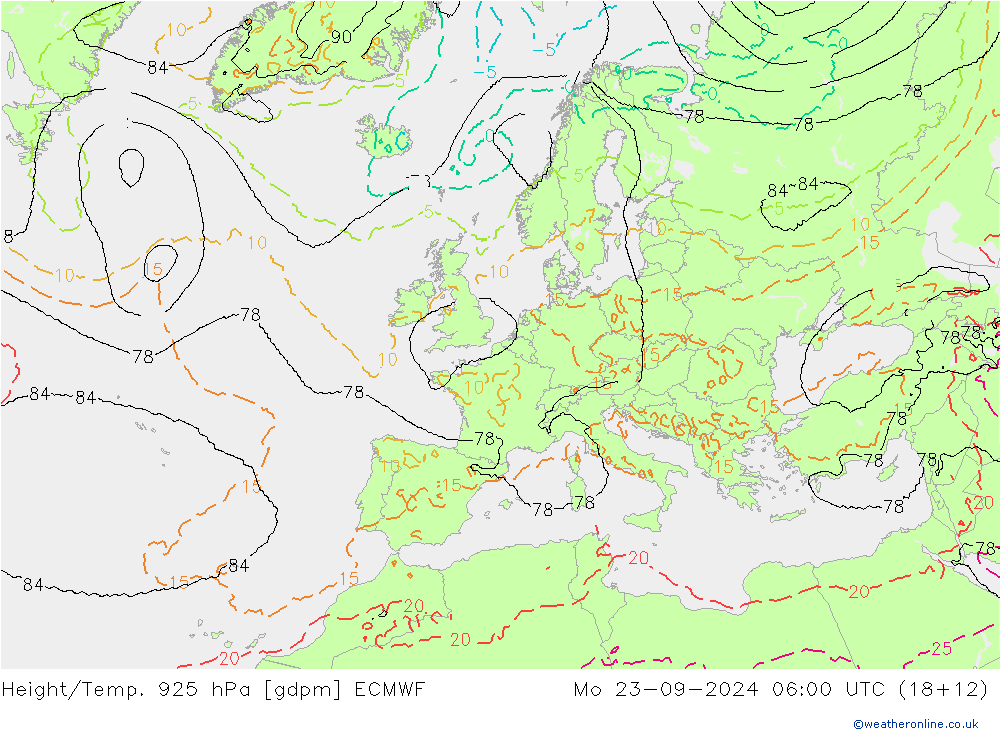 Height/Temp. 925 hPa ECMWF Mo 23.09.2024 06 UTC