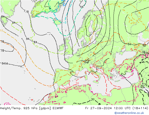 Height/Temp. 925 гПа ECMWF пт 27.09.2024 12 UTC