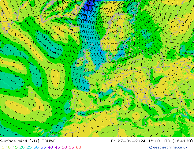 Wind 10 m ECMWF vr 27.09.2024 18 UTC