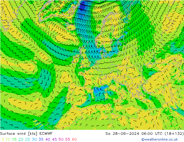 Wind 10 m ECMWF za 28.09.2024 06 UTC