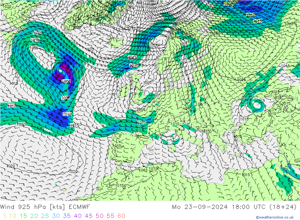 Wind 925 hPa ECMWF Mo 23.09.2024 18 UTC