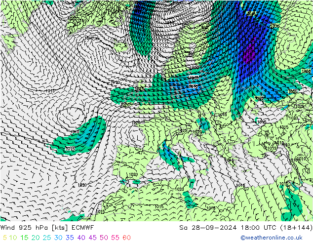 Vento 925 hPa ECMWF sab 28.09.2024 18 UTC