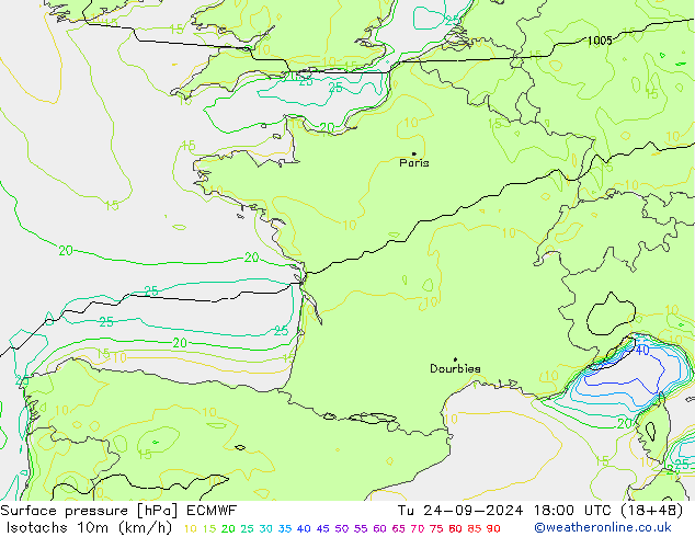 Isotachen (km/h) ECMWF Di 24.09.2024 18 UTC