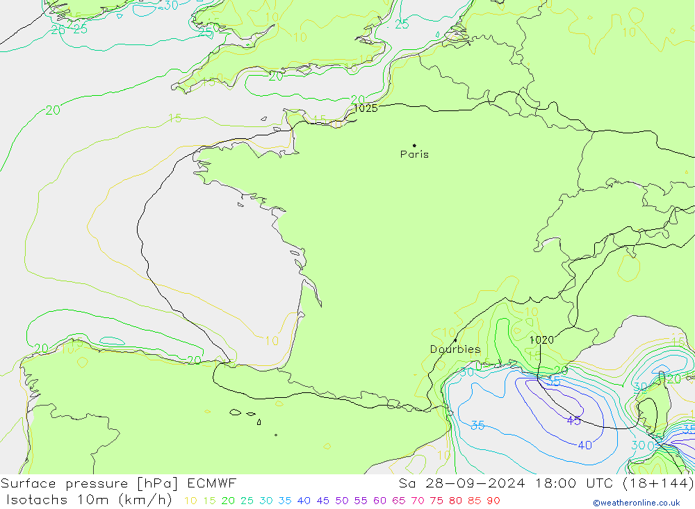 Izotacha (km/godz) ECMWF so. 28.09.2024 18 UTC