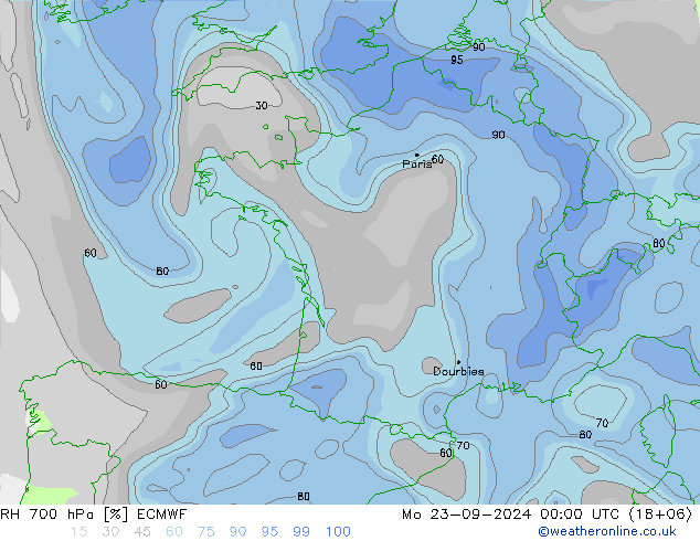 RH 700 hPa ECMWF Mo 23.09.2024 00 UTC