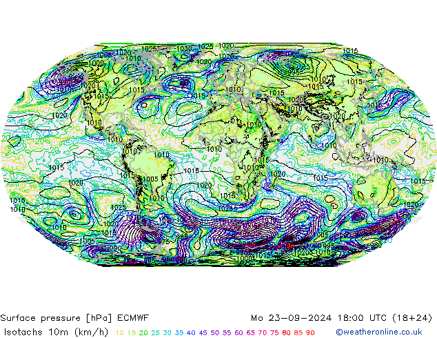 Isotachs (kph) ECMWF пн 23.09.2024 18 UTC