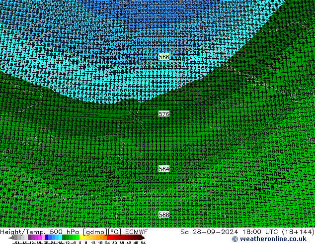 Hoogte/Temp. 500 hPa ECMWF za 28.09.2024 18 UTC