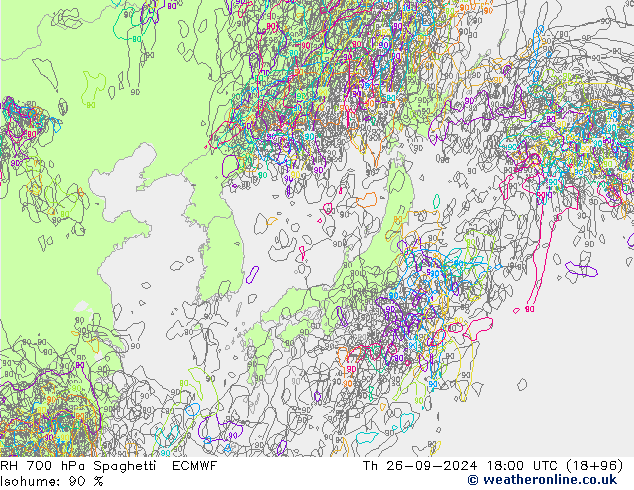 RH 700 hPa Spaghetti ECMWF Qui 26.09.2024 18 UTC