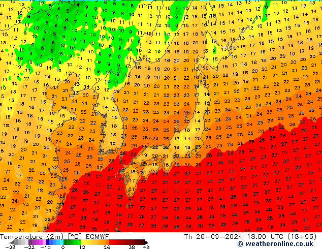 mapa temperatury (2m) ECMWF czw. 26.09.2024 18 UTC