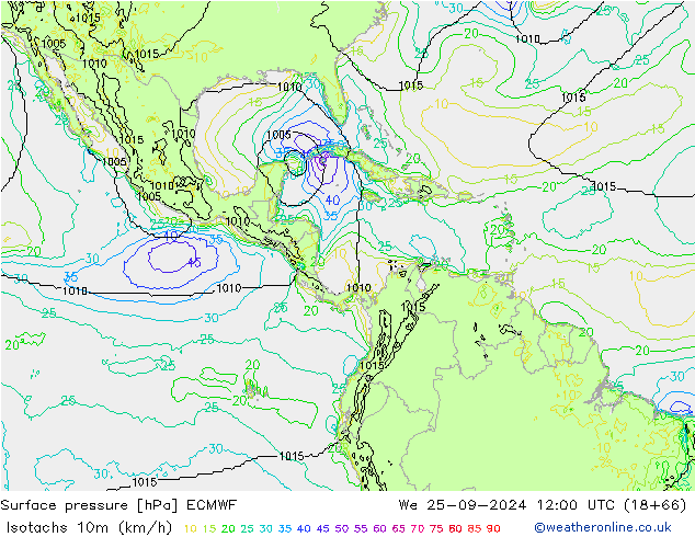 Isotachs (kph) ECMWF Qua 25.09.2024 12 UTC