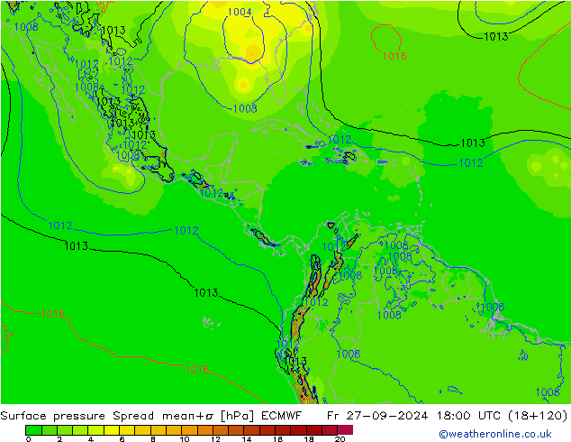 Presión superficial Spread ECMWF vie 27.09.2024 18 UTC