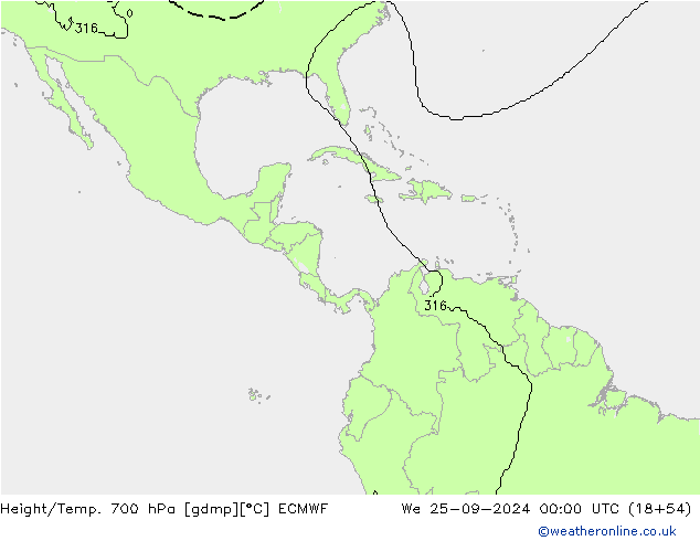 Height/Temp. 700 hPa ECMWF We 25.09.2024 00 UTC