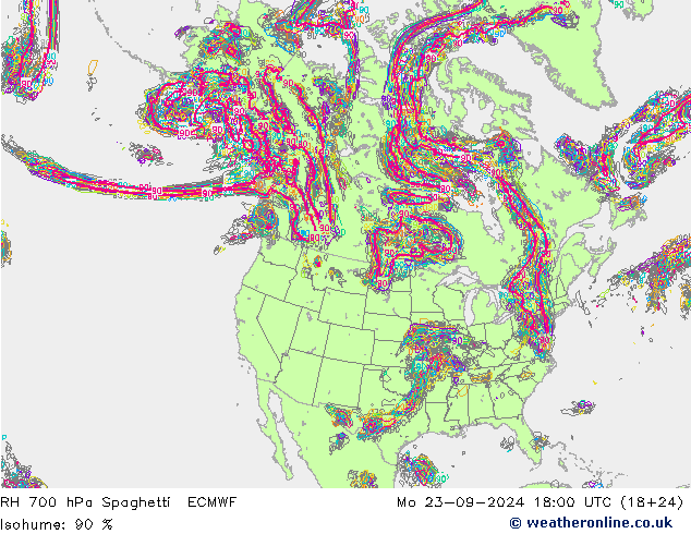 RH 700 hPa Spaghetti ECMWF Mo 23.09.2024 18 UTC