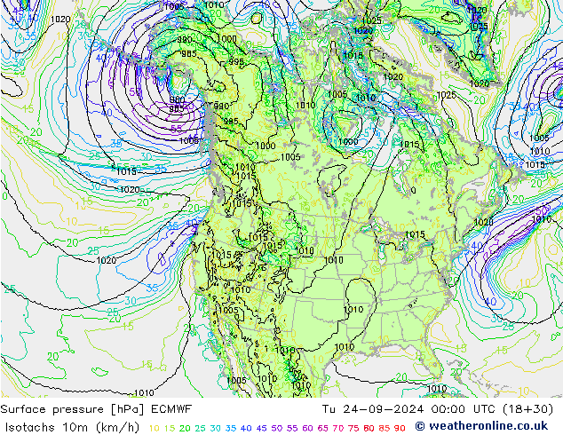 Isotachen (km/h) ECMWF di 24.09.2024 00 UTC