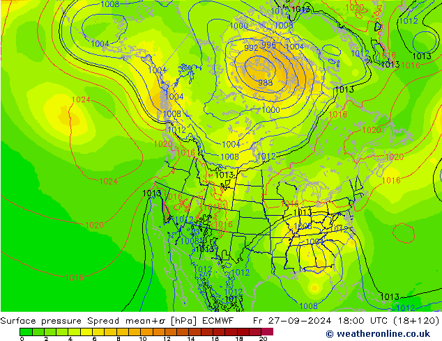 Surface pressure Spread ECMWF Fr 27.09.2024 18 UTC