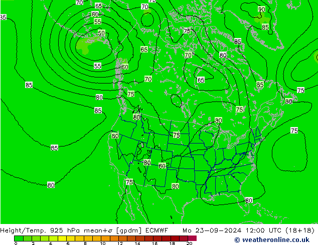 Height/Temp. 925 hPa ECMWF Mo 23.09.2024 12 UTC