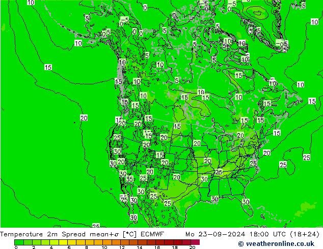 Temperature 2m Spread ECMWF Mo 23.09.2024 18 UTC