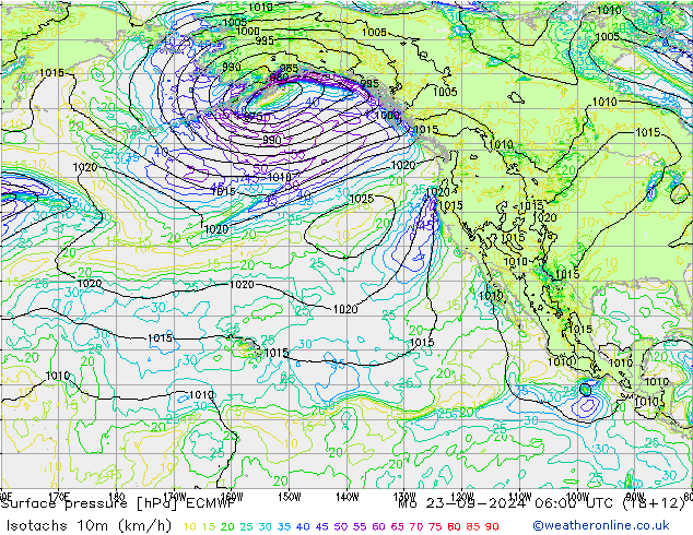 Isotaca (kph) ECMWF lun 23.09.2024 06 UTC