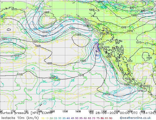 Isotachs (kph) ECMWF Sa 28.09.2024 00 UTC