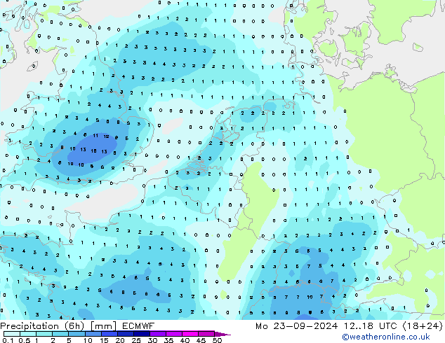 Nied. akkumuliert (6Std) ECMWF Mo 23.09.2024 18 UTC