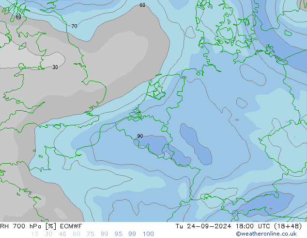 RH 700 hPa ECMWF Tu 24.09.2024 18 UTC