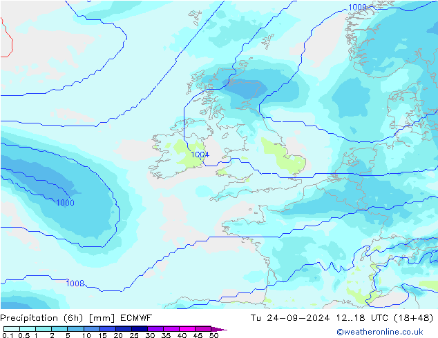 Precipitation (6h) ECMWF Tu 24.09.2024 18 UTC