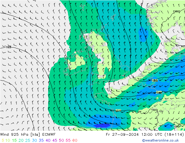 Rüzgar 925 hPa ECMWF Cu 27.09.2024 12 UTC