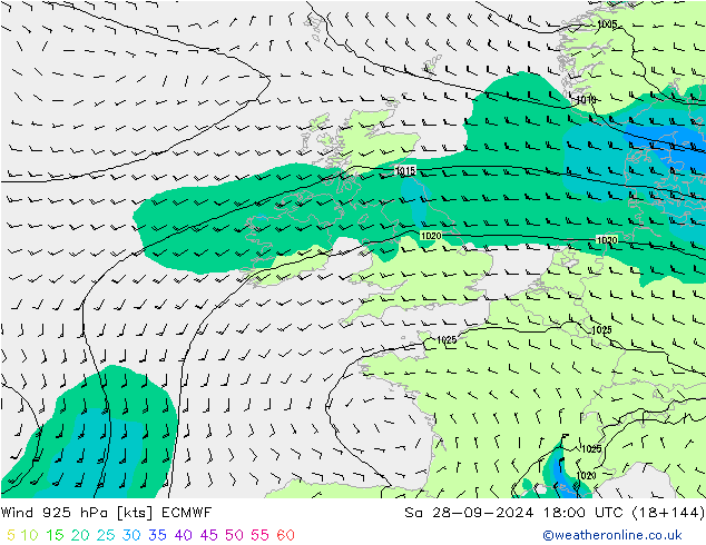 Wind 925 hPa ECMWF Sa 28.09.2024 18 UTC