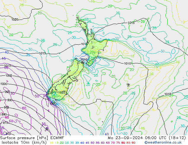 Isotachs (kph) ECMWF Po 23.09.2024 06 UTC