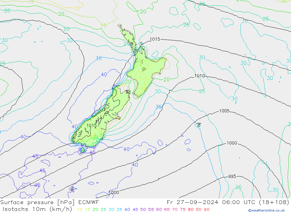 Isotachs (kph) ECMWF ven 27.09.2024 06 UTC