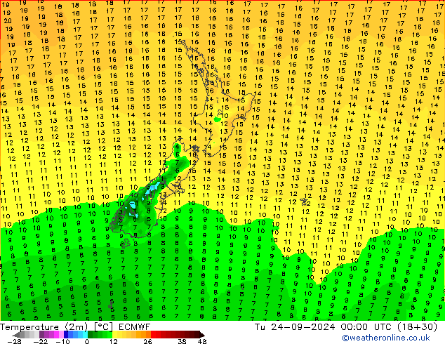 mapa temperatury (2m) ECMWF wto. 24.09.2024 00 UTC