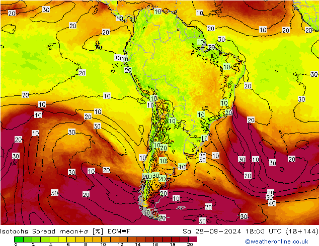 Isotachen Spread ECMWF Sa 28.09.2024 18 UTC