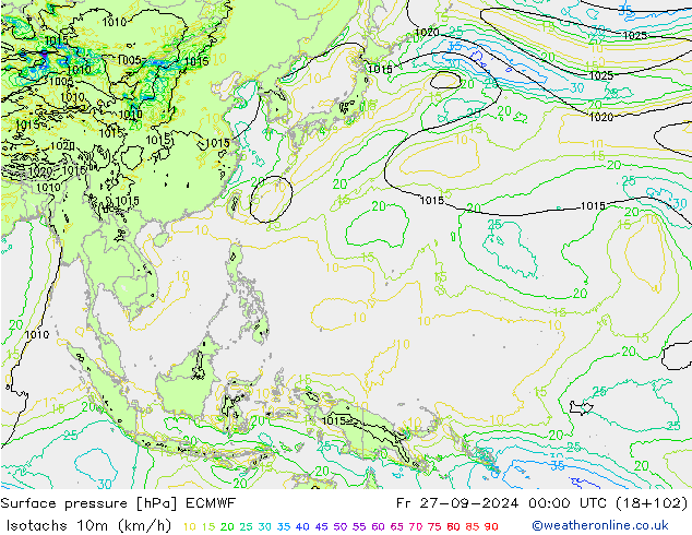 Isotachs (kph) ECMWF пт 27.09.2024 00 UTC