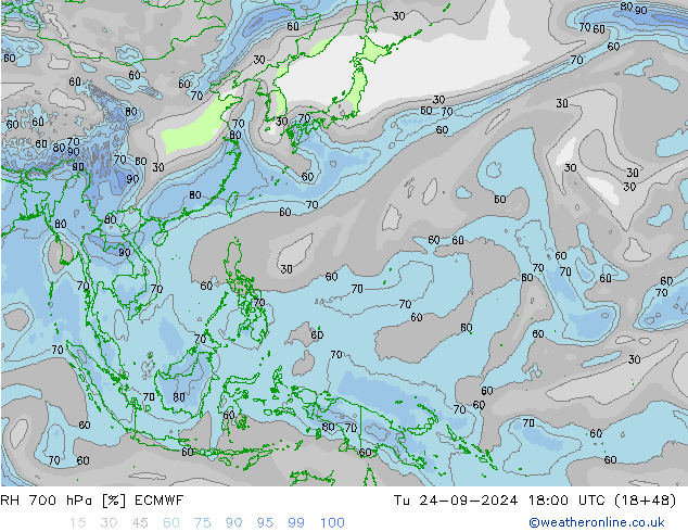 RH 700 hPa ECMWF Tu 24.09.2024 18 UTC