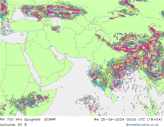 RH 700 hPa Spaghetti ECMWF mer 25.09.2024 00 UTC