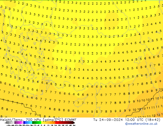 Height/Temp. 700 hPa ECMWF Ter 24.09.2024 12 UTC