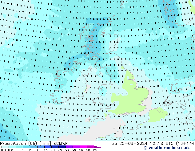 Precipitation (6h) ECMWF Sa 28.09.2024 18 UTC