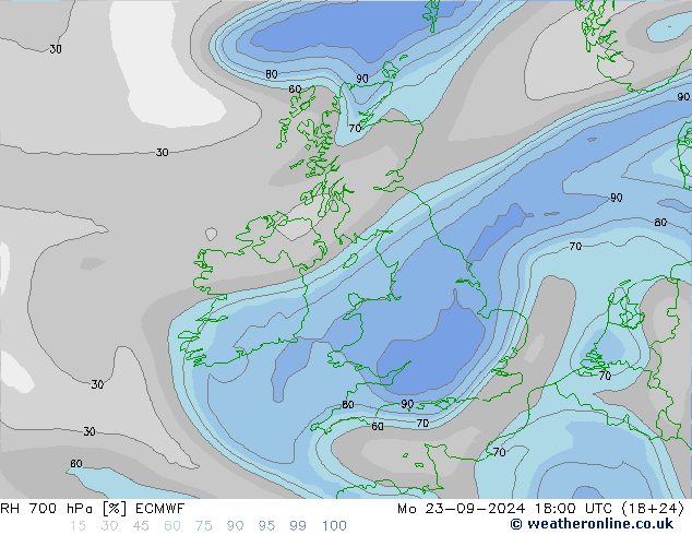 Humedad rel. 700hPa ECMWF lun 23.09.2024 18 UTC