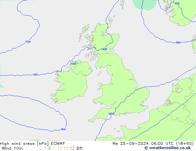 High wind areas ECMWF mer 25.09.2024 06 UTC