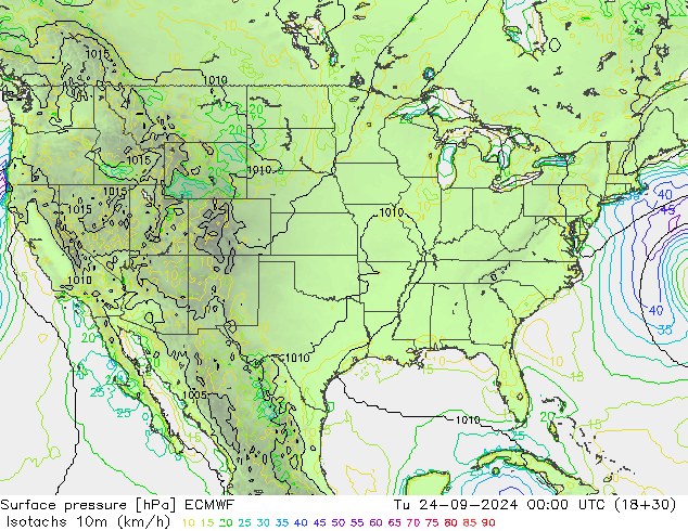 Isotachs (kph) ECMWF Út 24.09.2024 00 UTC