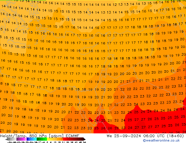 Height/Temp. 850 hPa ECMWF We 25.09.2024 06 UTC