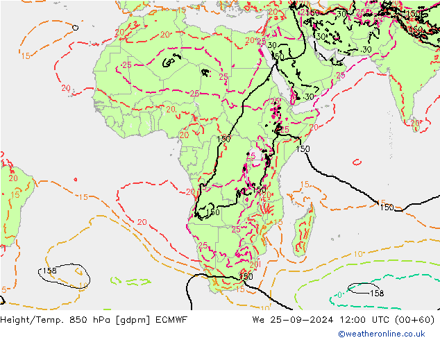 Geop./Temp. 850 hPa ECMWF mié 25.09.2024 12 UTC