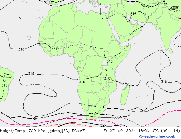 Height/Temp. 700 hPa ECMWF Sex 27.09.2024 18 UTC